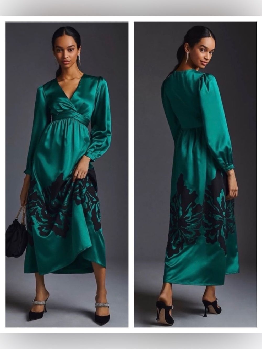 NWT $290 Anthropologie Nikasha Embroidered Satin Dress  Black Floral Appliqués